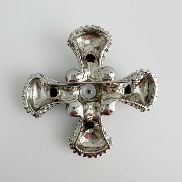 Vintage Maltese Cross Brooch Pin Faux Pearl Enamel Rhinestone 3" Statement Heavy - Picture 6 of 10